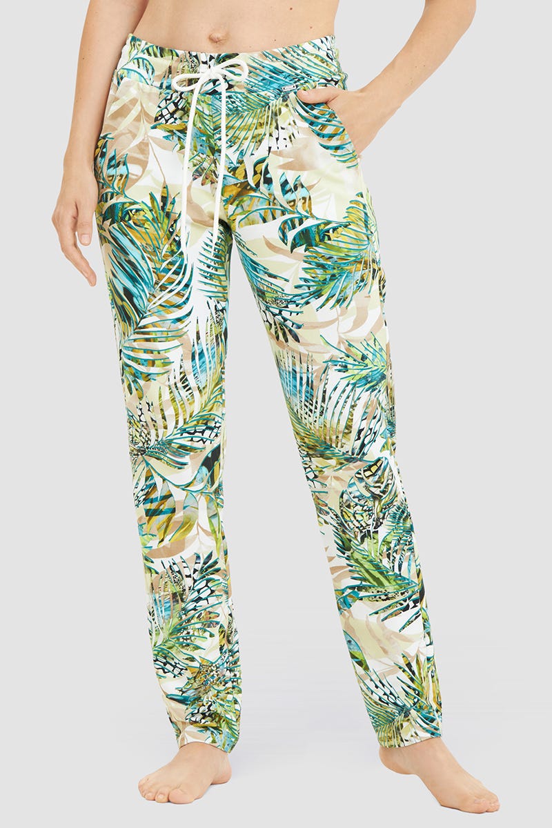 Frontalbild von Sweathose lang im exotischen Palmendruck Baumwolle/Elasthan