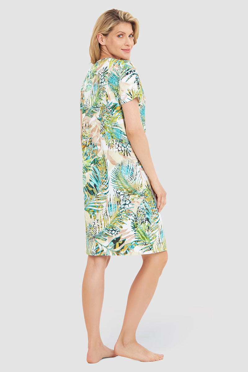 Rückansicht von Freizeitkleid Kurzarm im exotischen Palmendruck Baumwolle/Elasthan