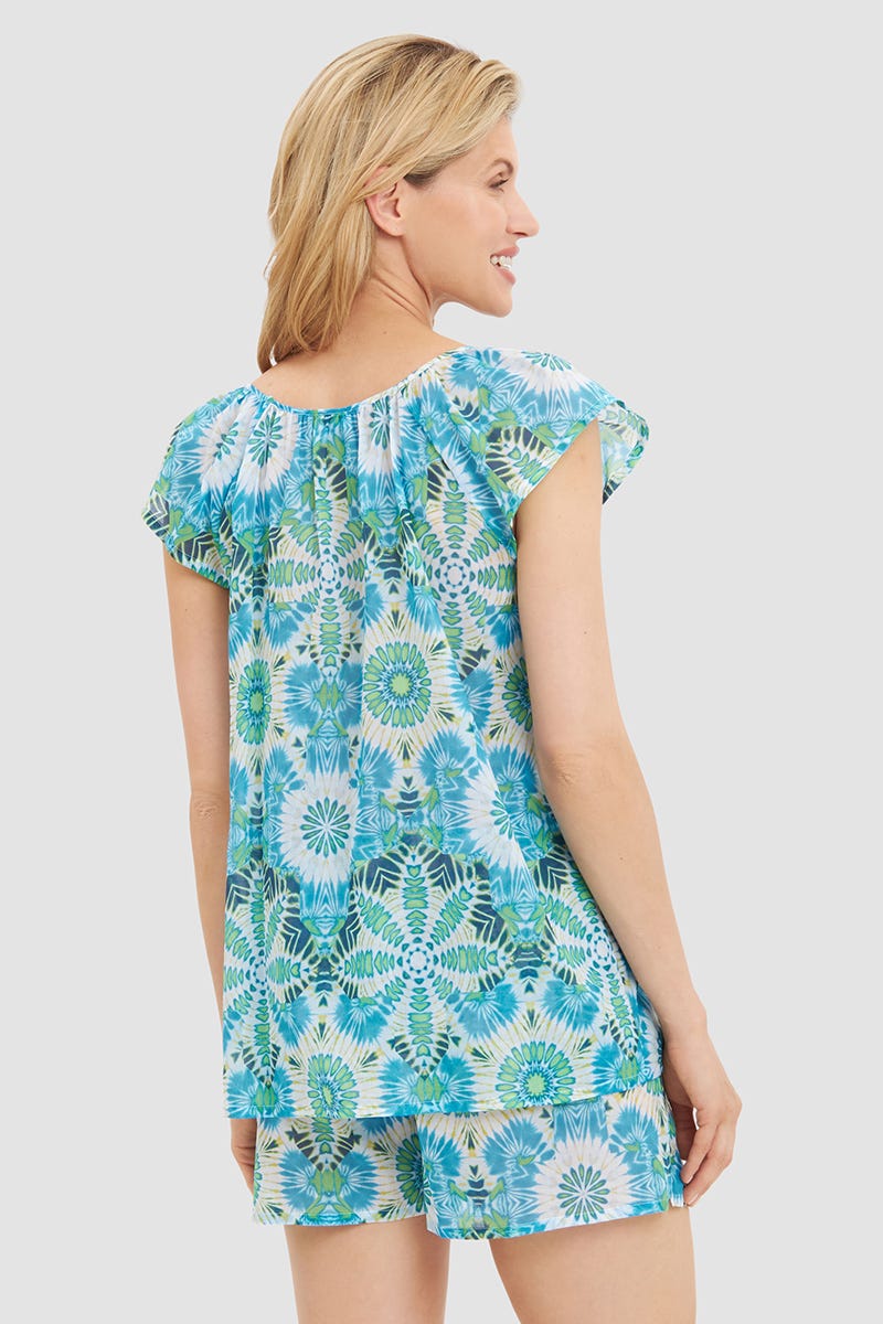 Rückansicht von Pyjama im Batikdruck Türkis aus Voile 100% Baumwolle