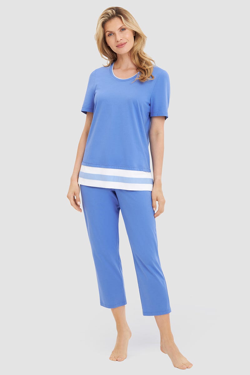 Frontalbild von Pyjama mit Colourblocking-Details Blau Baumwolle/Modal