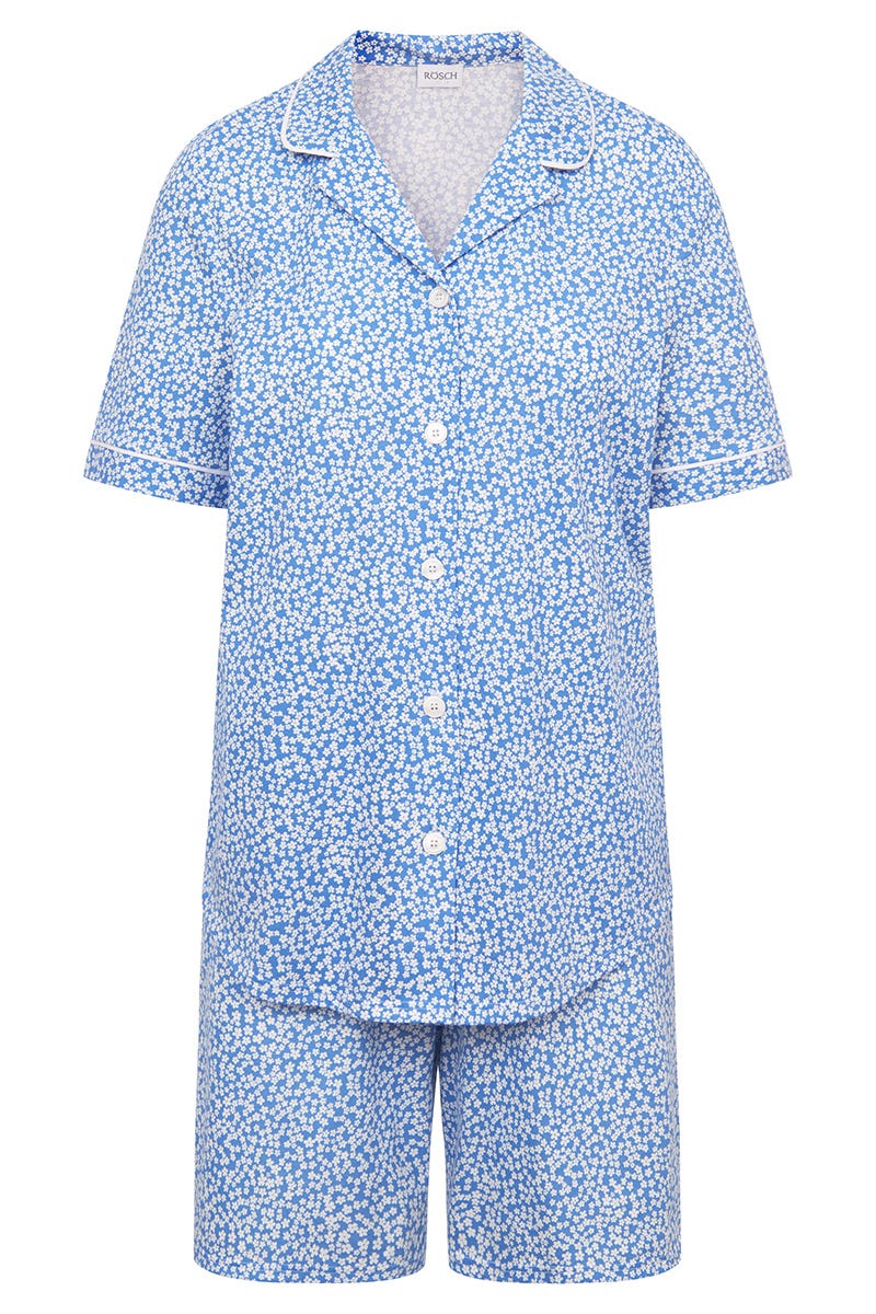 Hollowbild von Pyjama im Blumendruck Blau-Weiß Herremhemdstil 100% Baumwolle