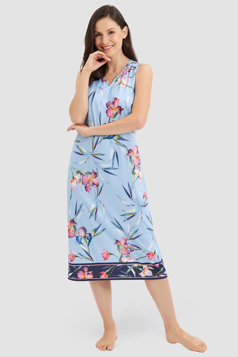 Frontalbild von Nachthemd Ärmellos im Blumendruck Schwertlilie Baumwolle/Modal