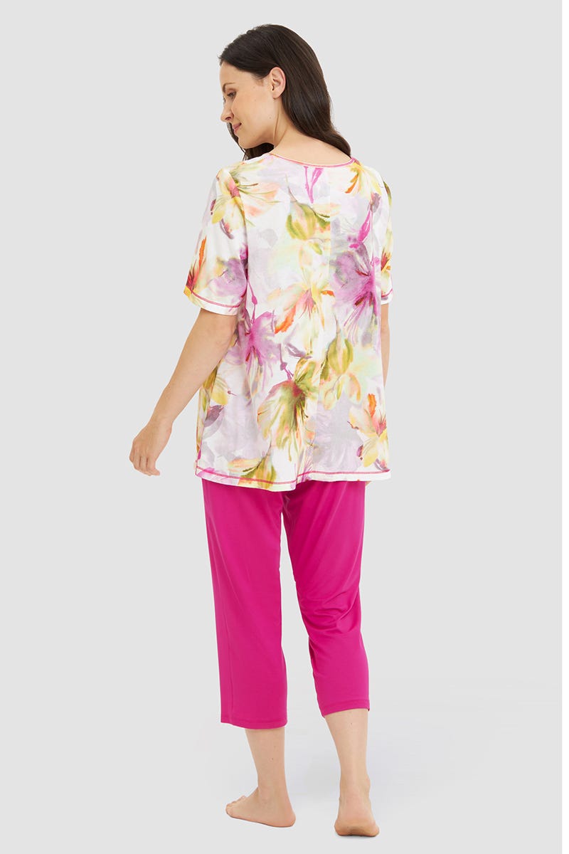 Rückansicht von Pyjama mit Blumendruck Gelb-Pink Baumwolle/Modal