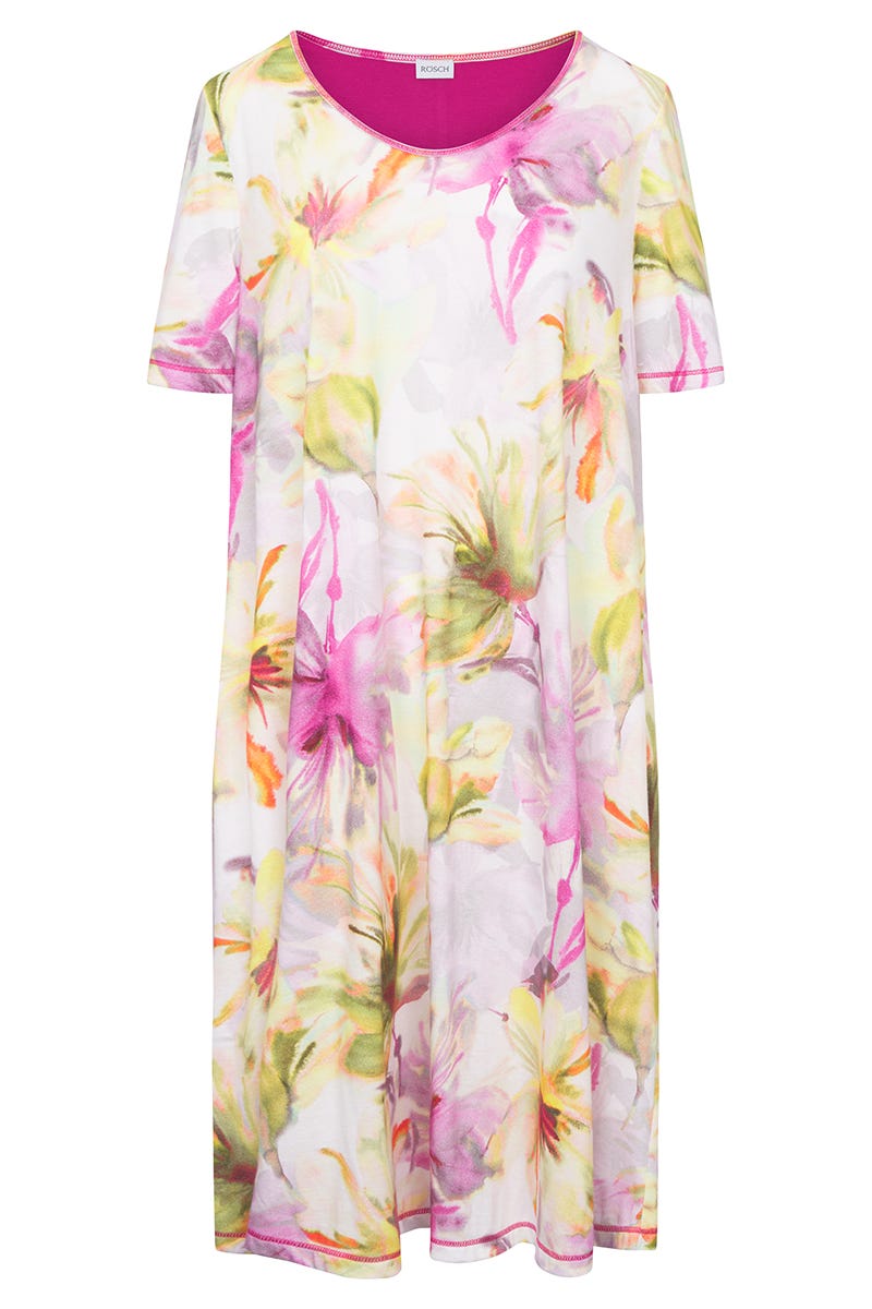 Hollowbild von Nachthemd Kurzarm im Blumendruck Gelb-Pink Baumwolle/Modal