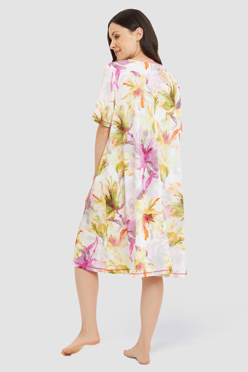 Rückansicht von Nachthemd Kurzarm im Blumendruck Gelb-Pink Baumwolle/Modal