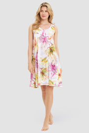 Frontalbild von Nachthemd Ärmellos im Blumendruck Gelb-Pink Baumwolle/Modal