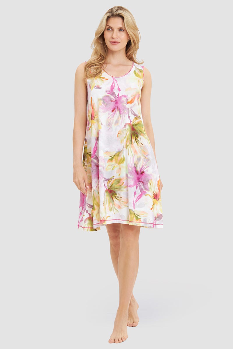 Frontalbild von Nachthemd Ärmellos im Blumendruck Gelb-Pink Baumwolle/Modal