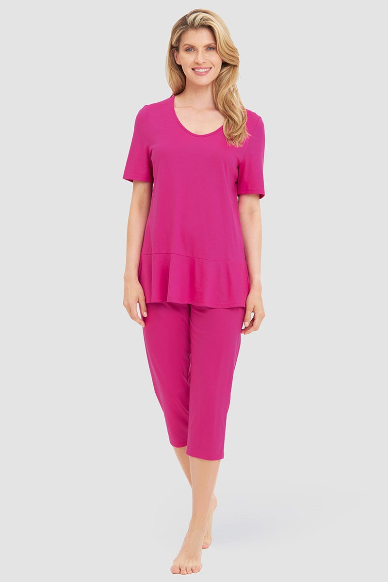 Frontalbild von Pyjama mit Schößchen-Detail Pink Baumwolle/Modal