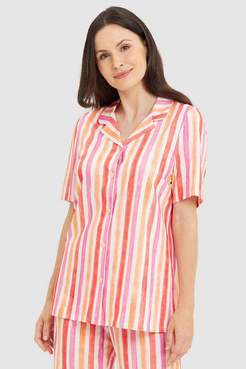 Frontalbild von T-Shirt im farbenfrohen Streifendruck Herrenhemdstil Baumwolle/Modal