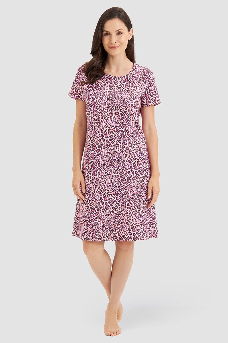 Frontalbild von Nachthemd Kurzarm im rosa Leo-Druck Baumwolle/Elasthan