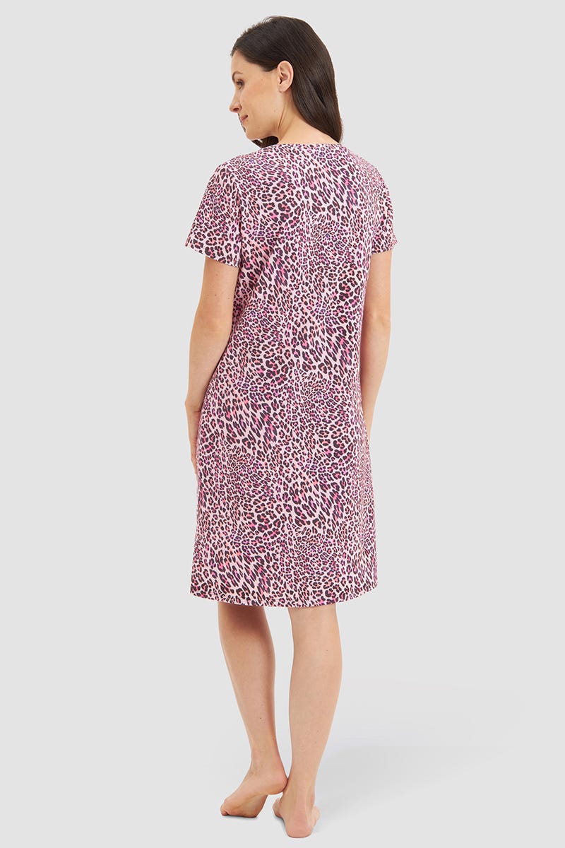 Rückansicht von Nachthemd Kurzarm im rosa Leo-Druck Baumwolle/Elasthan