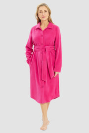Frontalbild von Morgenmantel aus Fleece in Pink mit Knopfleiste Polyester/Viskose