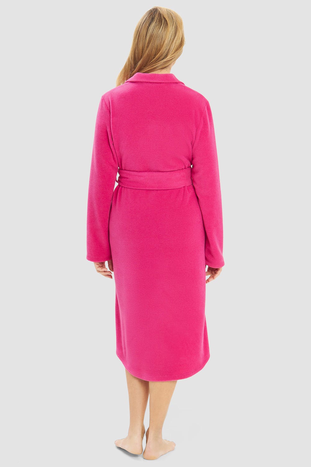 Rückansicht von Morgenmantel aus Fleece in Pink mit Knopfleiste Polyester/Viskose
