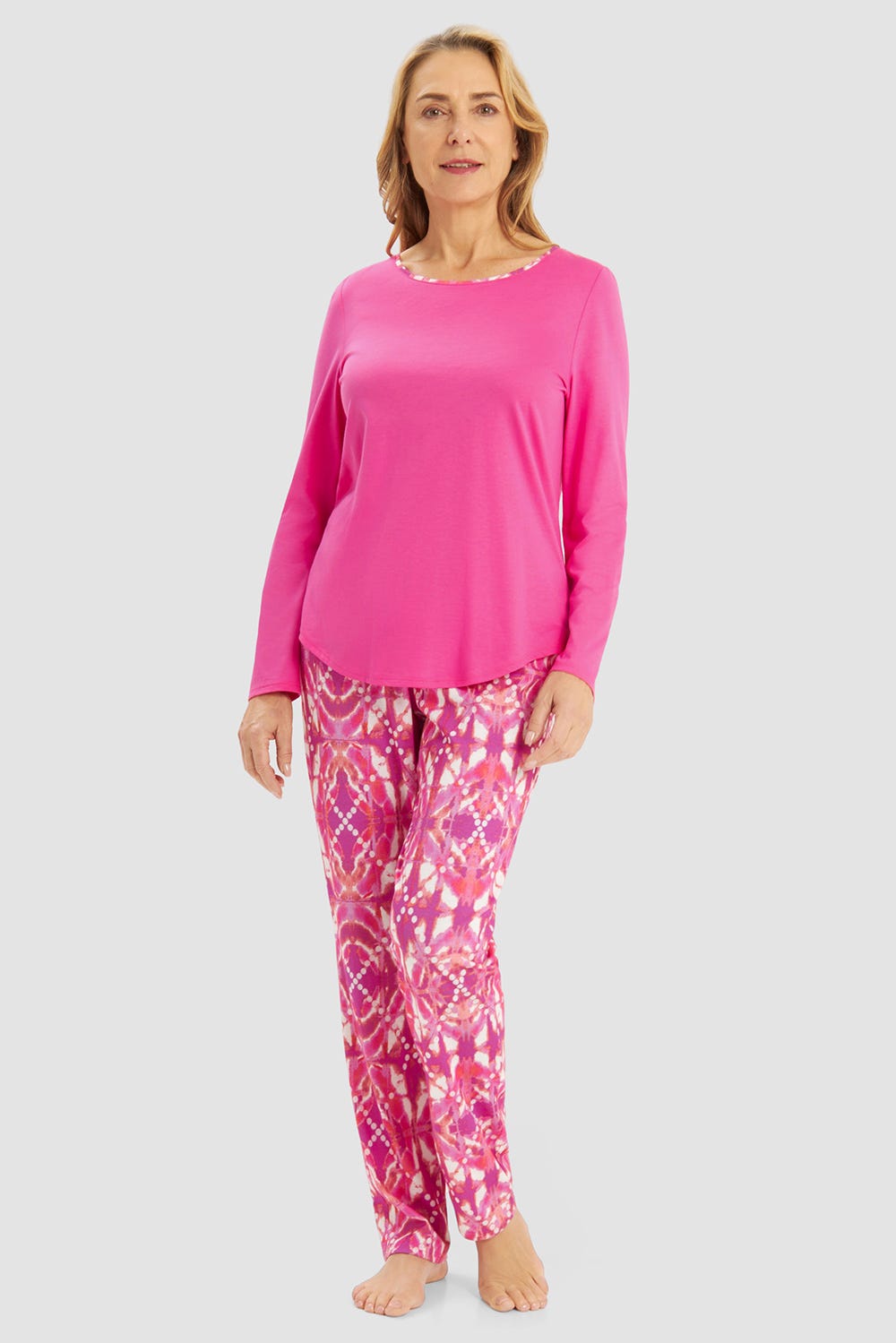 Frontalbild von Pyjama mit Grafikdruck in Pink Baumwolle/Modal