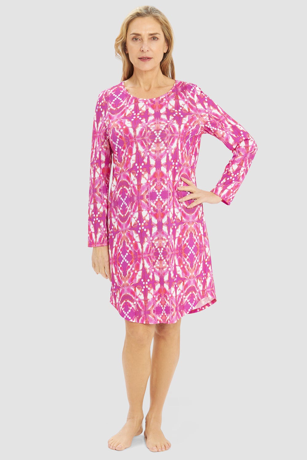 Frontalbild von Nachthemd Langarm im Grafikdruck in Pink Baumwolle/Modal