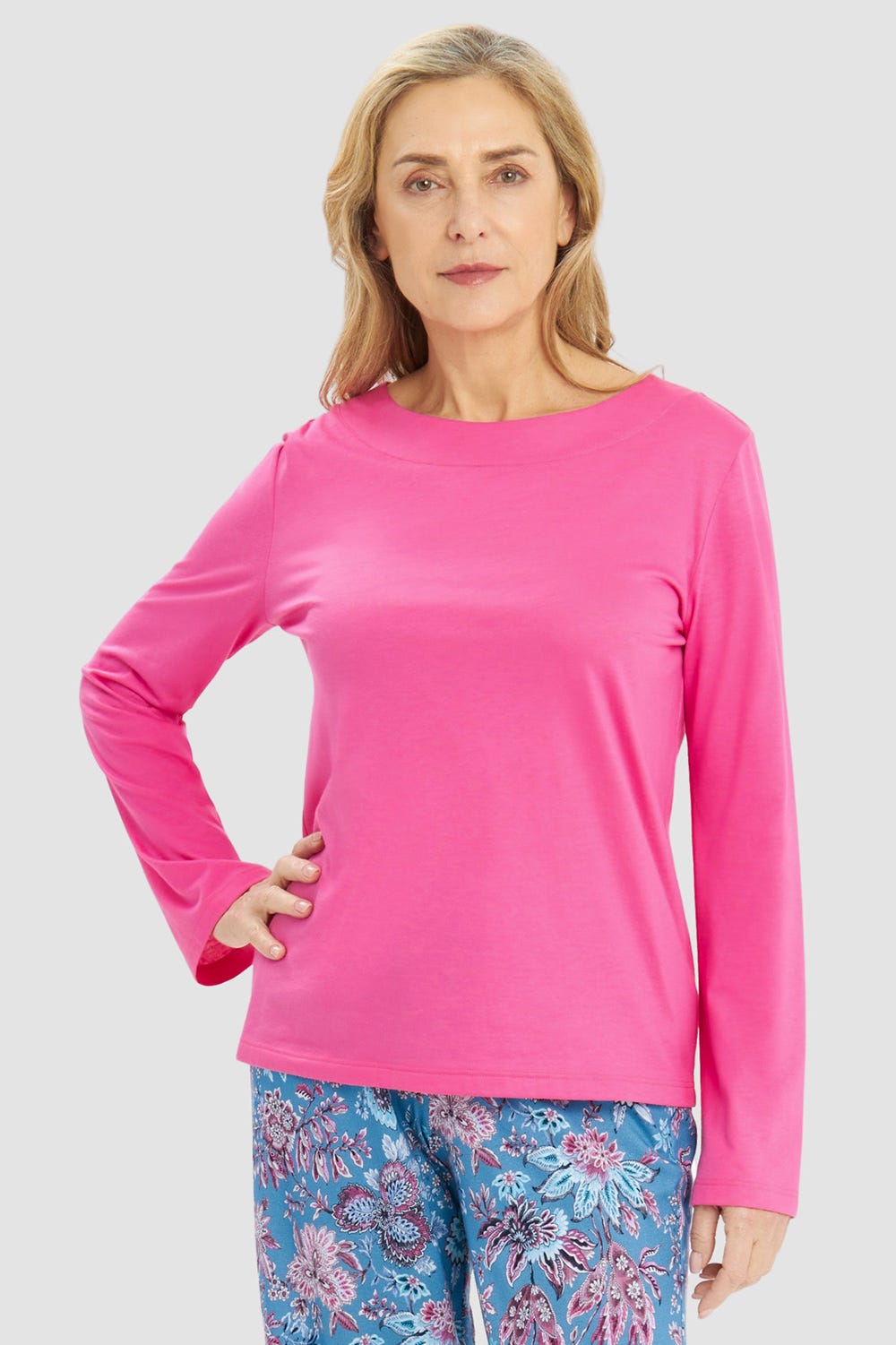 Frontalbild von Pyjamashirt in Uni Pink Baumwolle/Modal