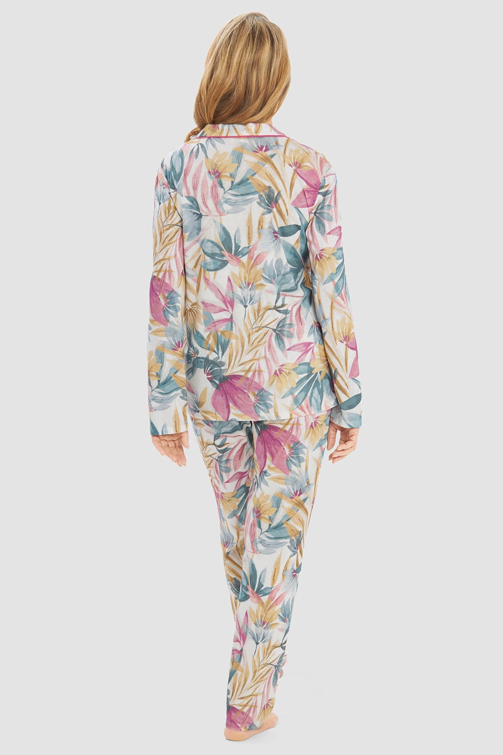 Rückansicht von Pyjama im herbstlichen Blätterdruck Herrenhemdstil Baumwolle/Modal