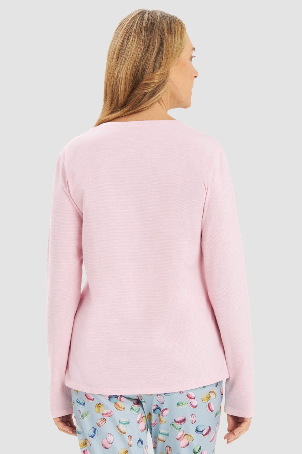 Rückansicht von Pyjamashirt im Ringeldruck Rosa-Weiß Baumwolle/Elasthan