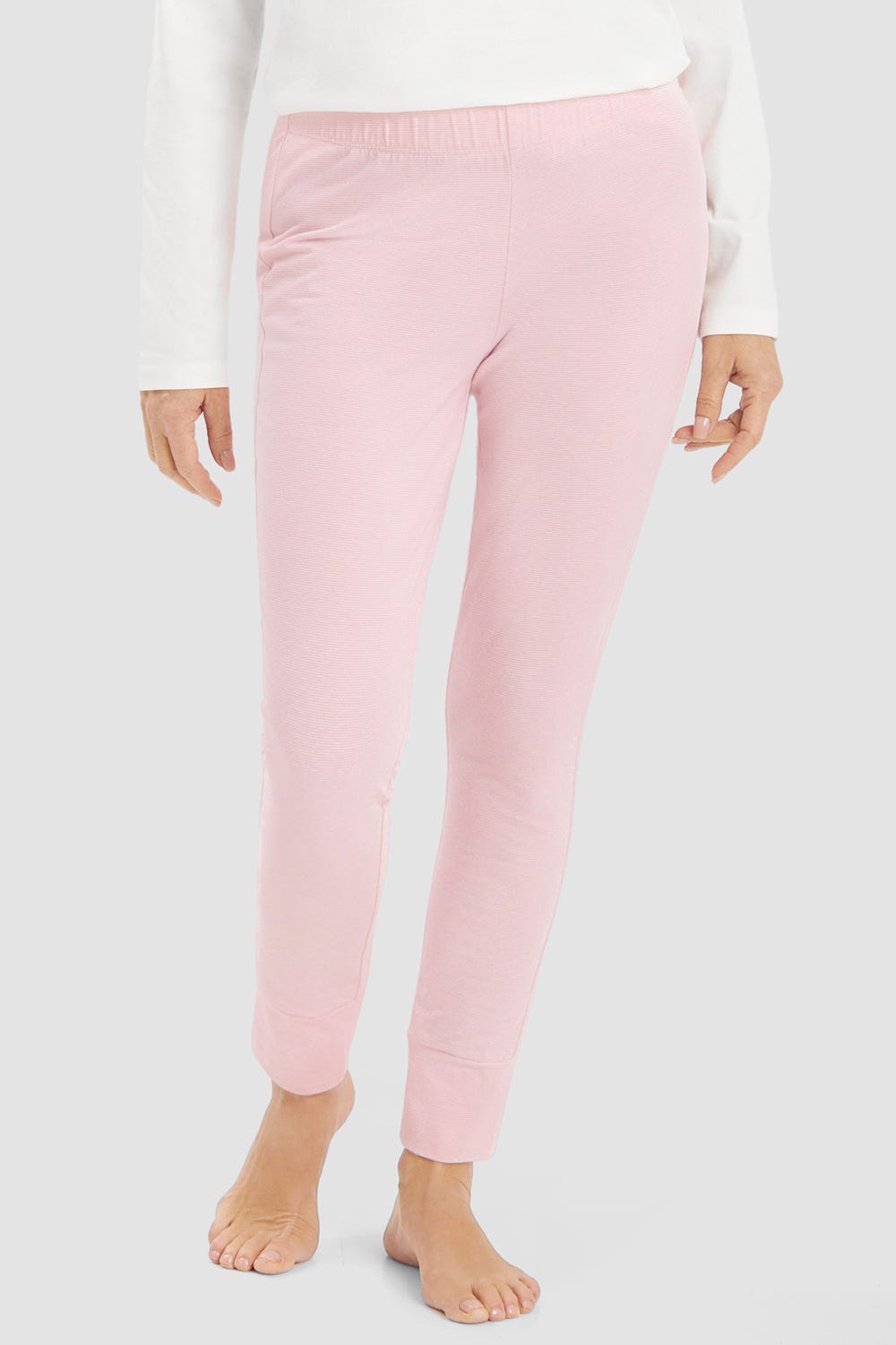 Frontalbild von 7/8-Pyjamahose im Ringeldruck Rosa-Weiß Baumwolle/Elasthan