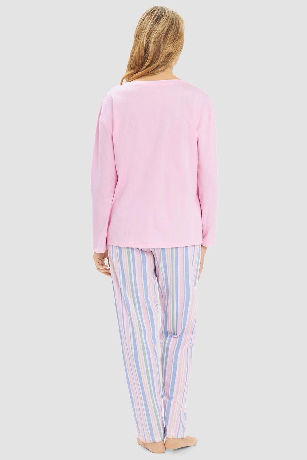Rückansicht von Pyjama mit pastelligem Streifendruck 100% Baumwolle