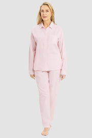 Frontalbild von Pyjama im Streifendruck Pastellrosa Flanell 100% Baumwolle