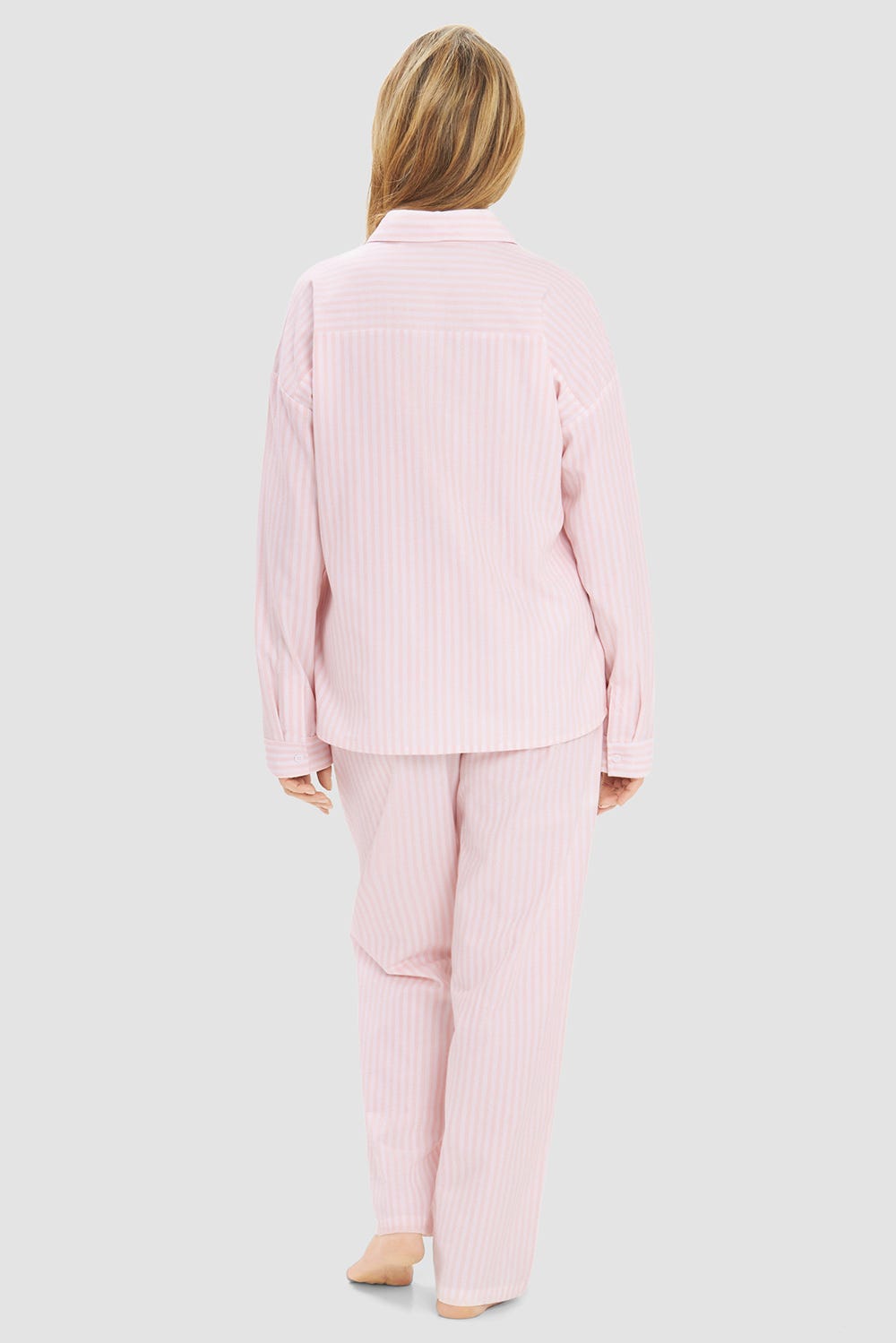 Rückansicht von Pyjama im Streifendruck Pastellrosa Flanell 100% Baumwolle