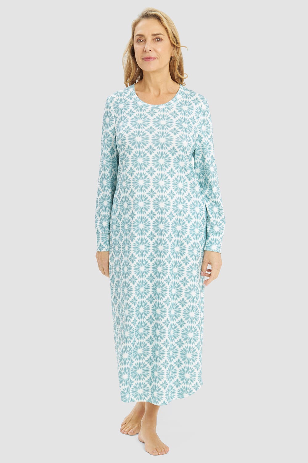 Frontalbild von Nachthemd im Grafikdruck Türkis Maxi-Länge 100% Baumwolle