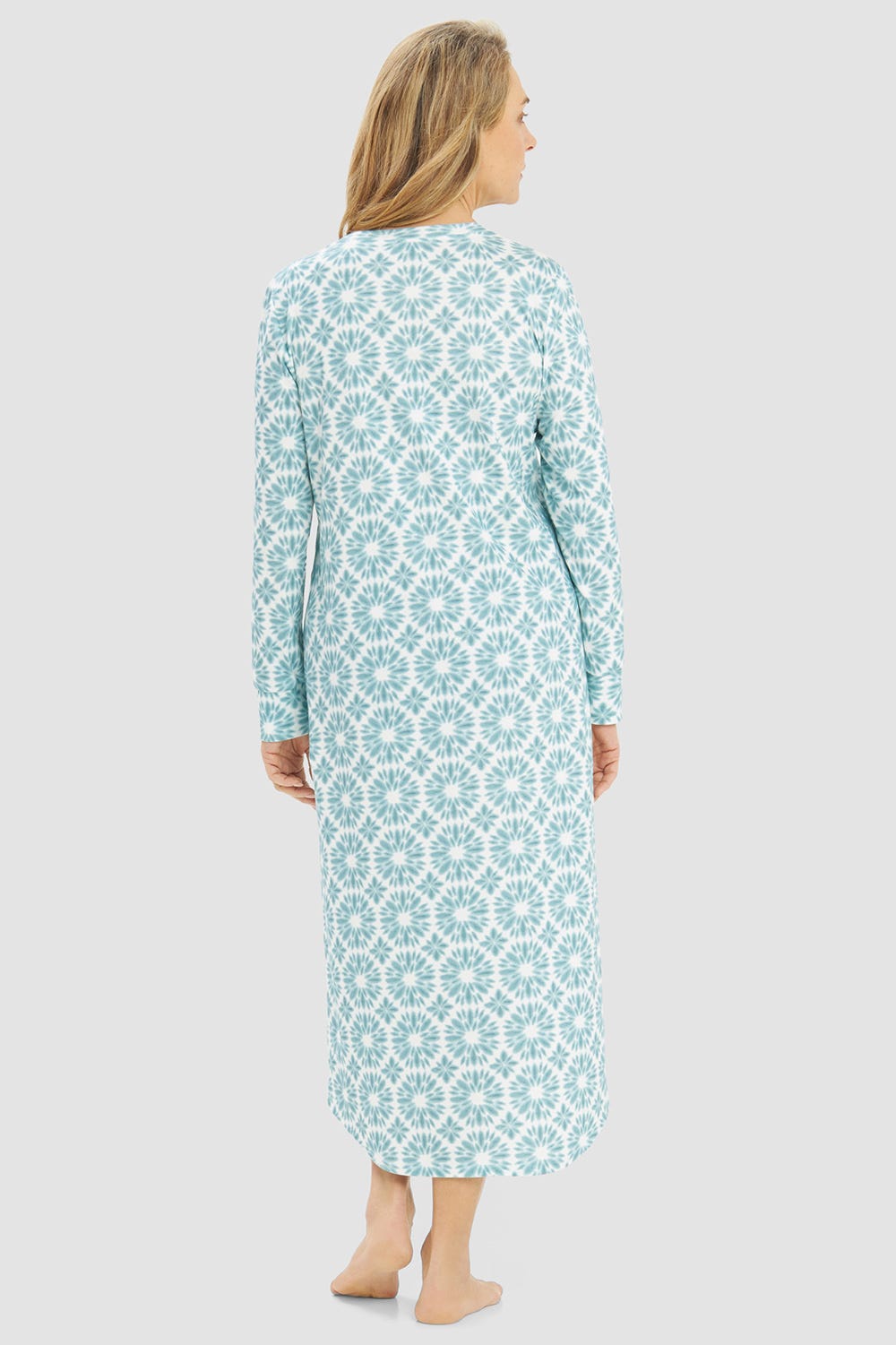 Rückansicht von Nachthemd im Grafikdruck Türkis Maxi-Länge 100% Baumwolle