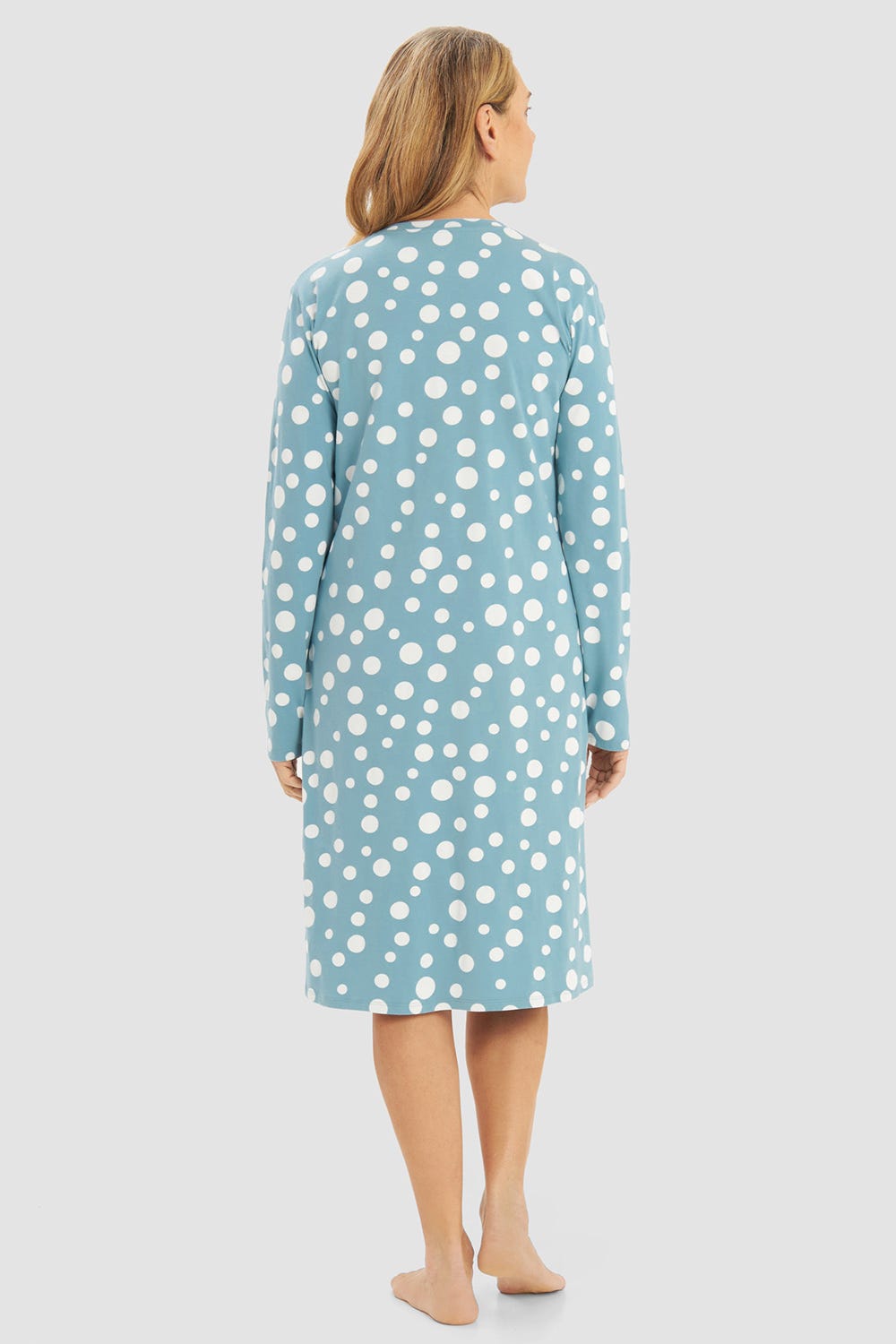 Rückansicht von Nachthemd im Tupfendruck Mintgrün mit Knopfleiste 100% Baumwolle