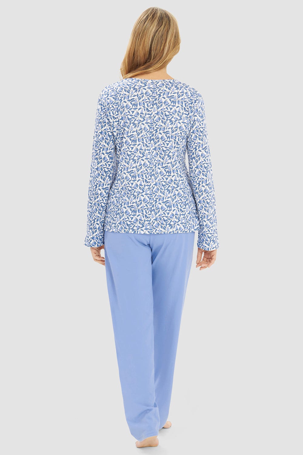 Rückansicht von Pyjama im Blättermuster Blau 100% Baumwolle