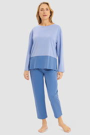 Frontalbild von Pyjama im Colourblocking-Style Blau 100% Baumwolle
