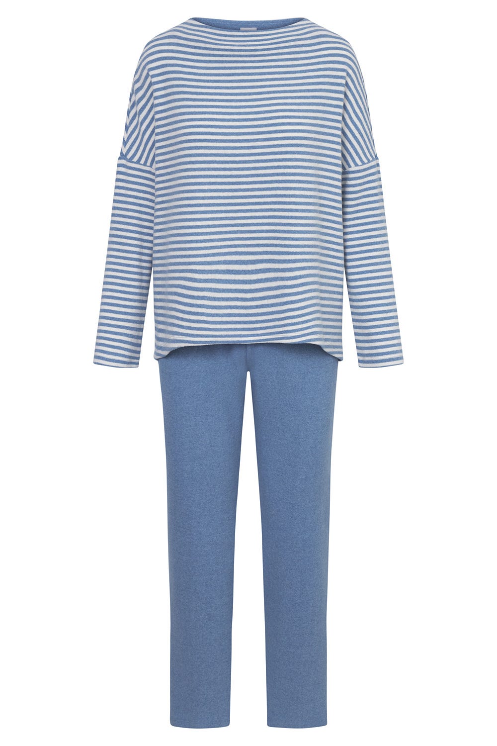 Hollowbild von Hausanzug mit Ringeldruck Blau-Weiß Materialmix