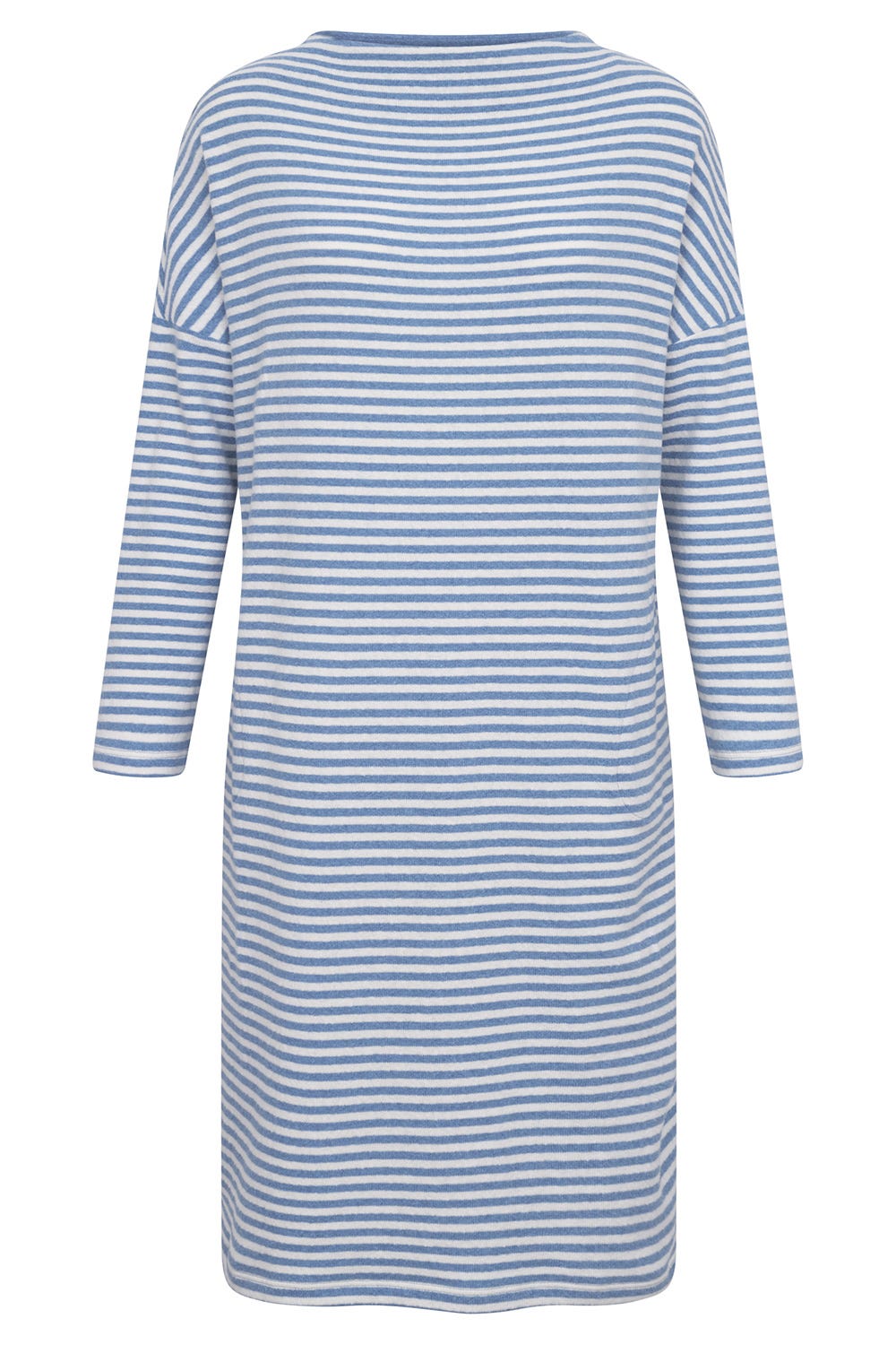 Hollowbild von Hauskleid mit Ringeldruck Blau-Weiß Materialmix