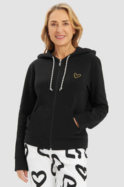 Frontalbild von Sweatjacke Schwarz mit Herz-Motiv Baumwolle/Elasthan