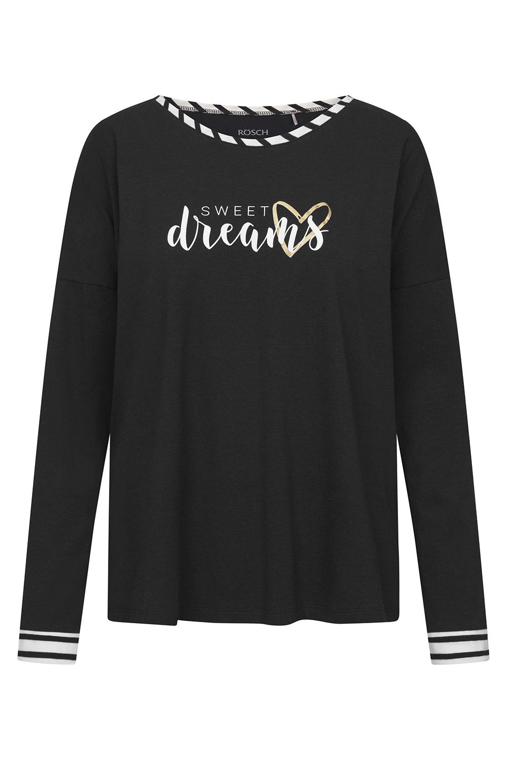 Hollowbild von Pyjamashirt mit verspieltem Schriftzug in Schwarz Materialmix