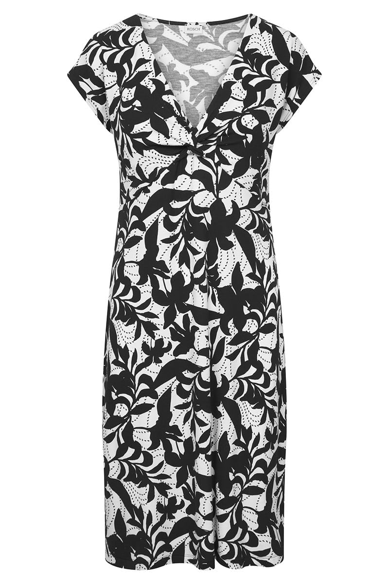 Hollowbild von Strandkleid im Blätter-Druck Schwarz-Weiß Viskose/Elasthan