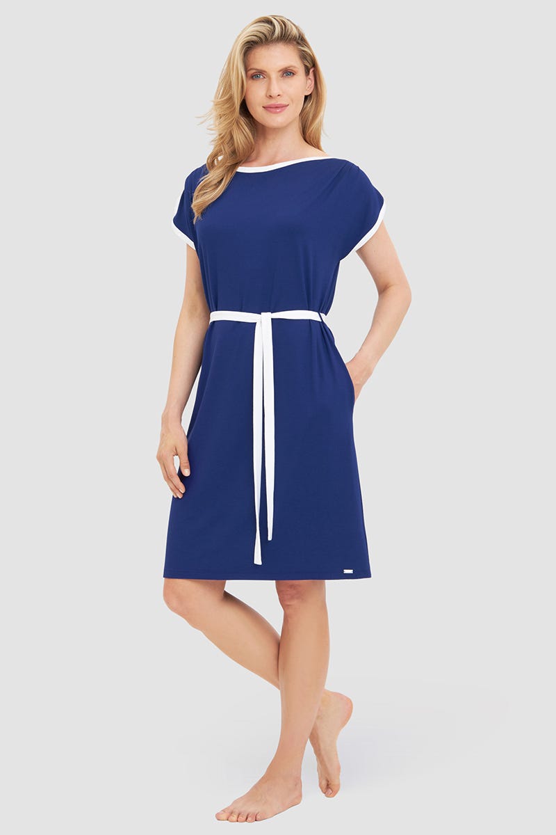 Frontalbild von Standkleid mit Kontrastdetails Royalblau-Weiß