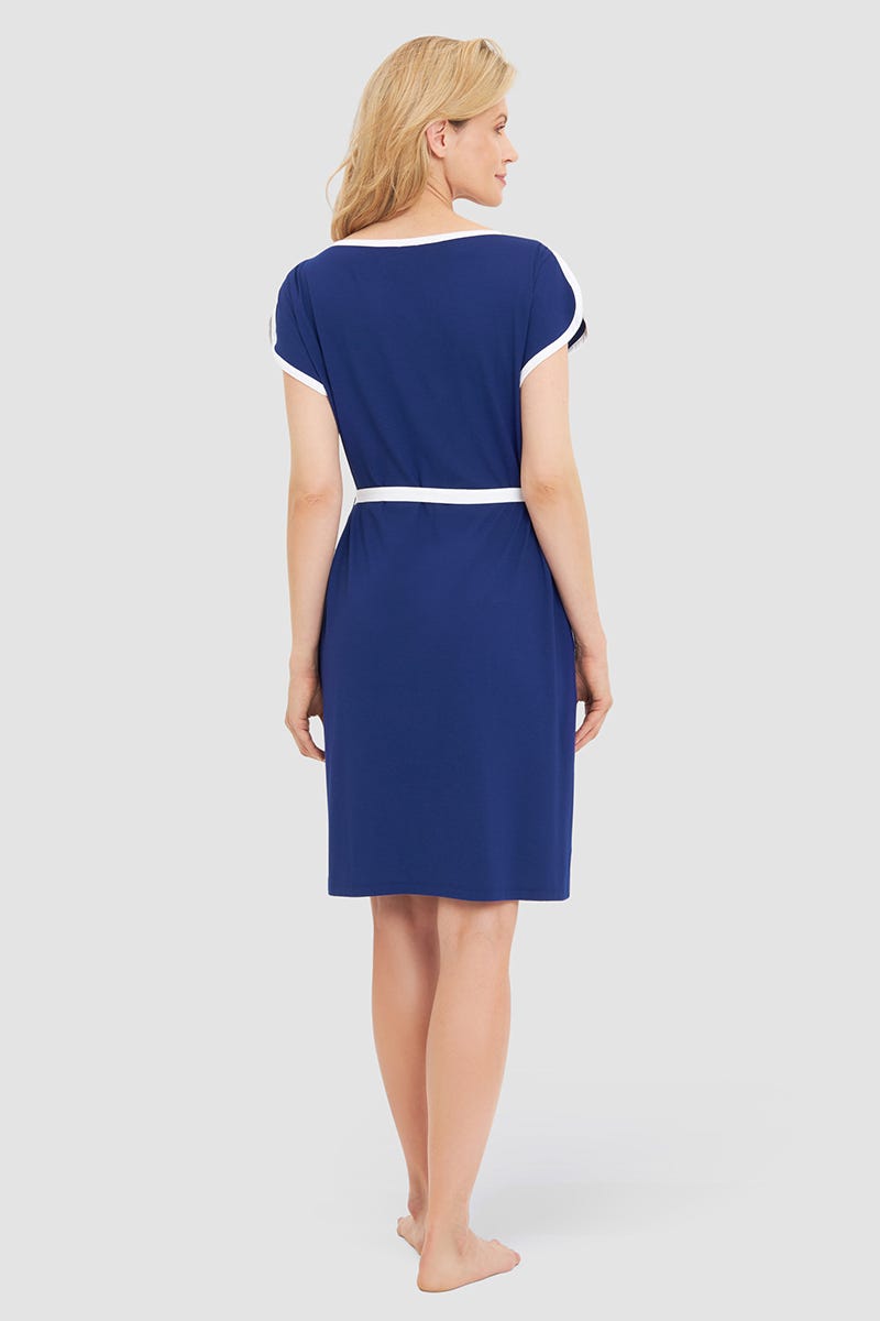 Rückansicht von Standkleid mit Kontrastdetails Royalblau-Weiß