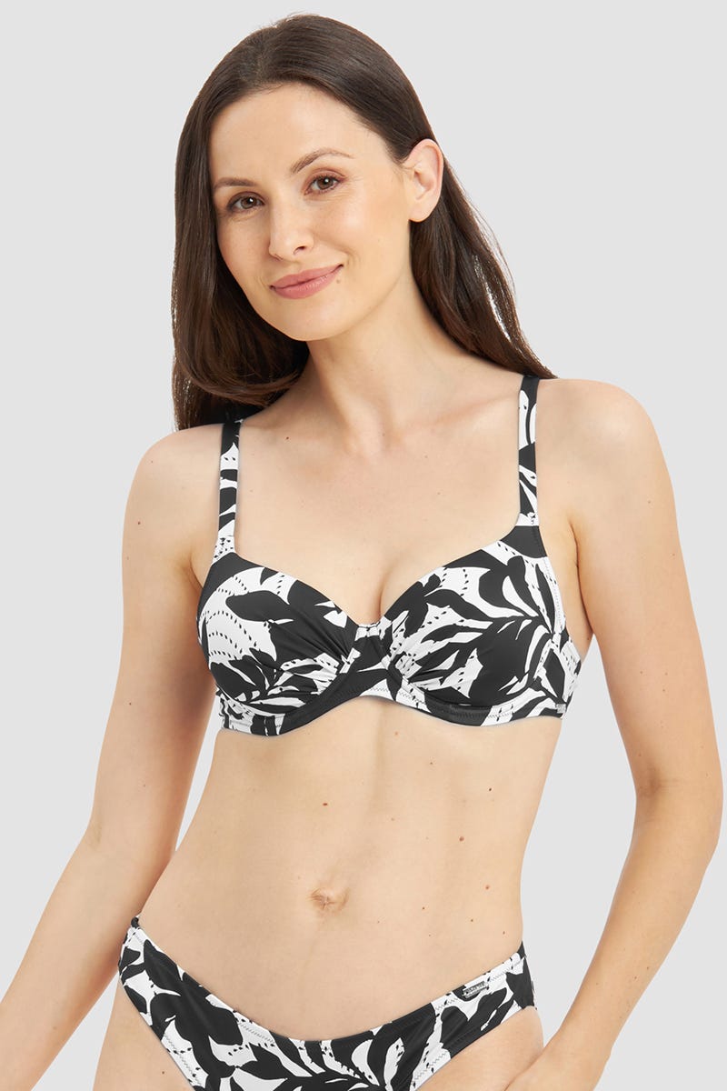 Frontalbild von Bikini Top im Blätter-Druck Schwarz-Weiß