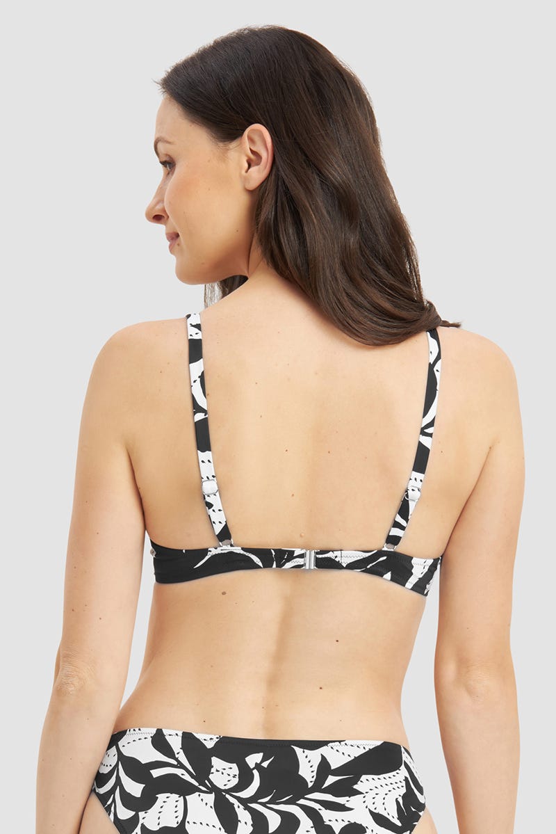 Rückansicht von Bikini Top im Blätter-Druck Schwarz-Weiß