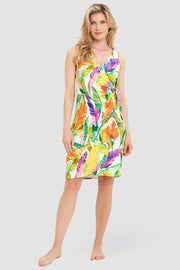 Frontalbild von Strandkleid Ärmellos im tropischen Blätter-Druck Viskose/Elasthan