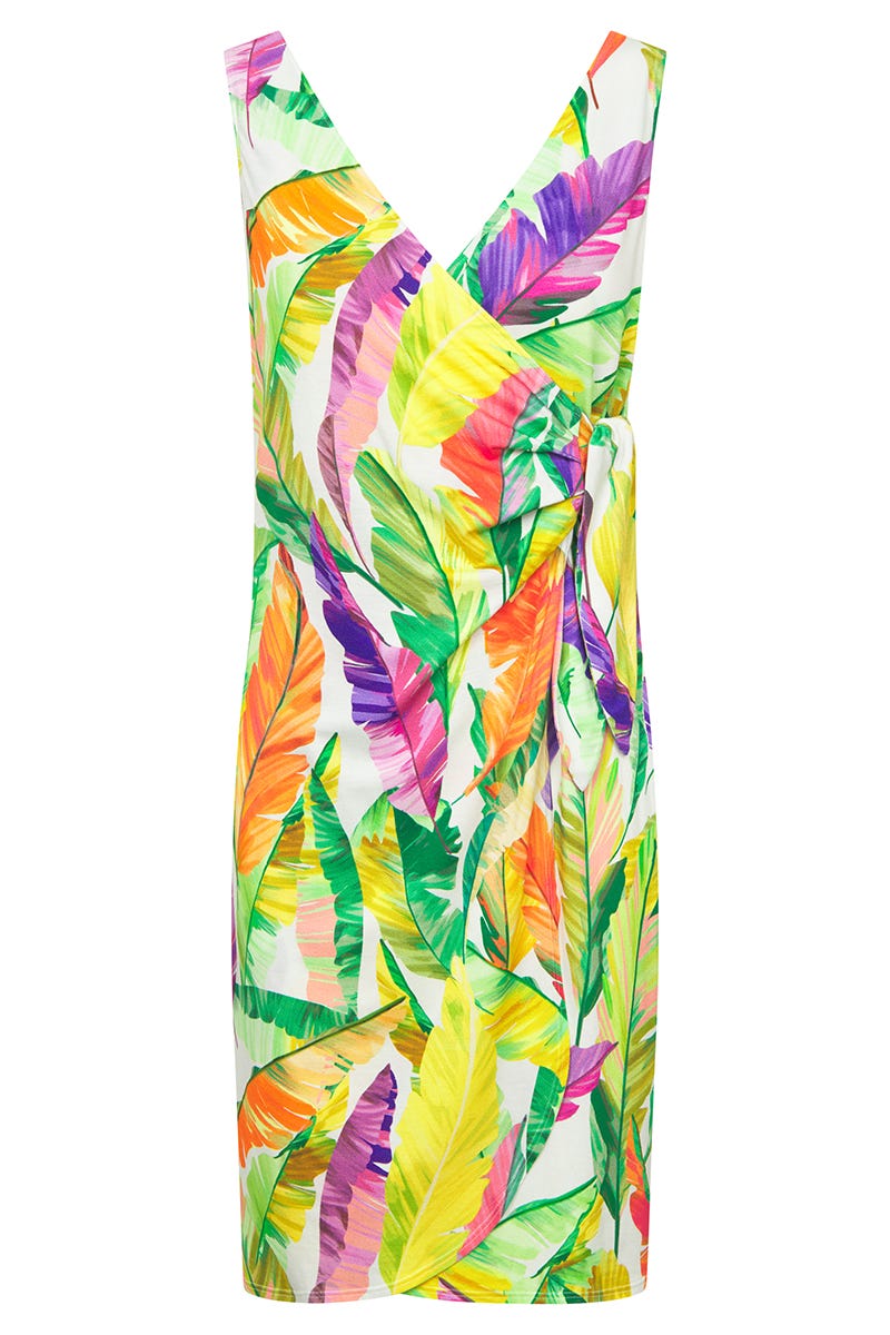 Hollowbild von Strandkleid Ärmellos im tropischen Blätter-Druck Viskose/Elasthan