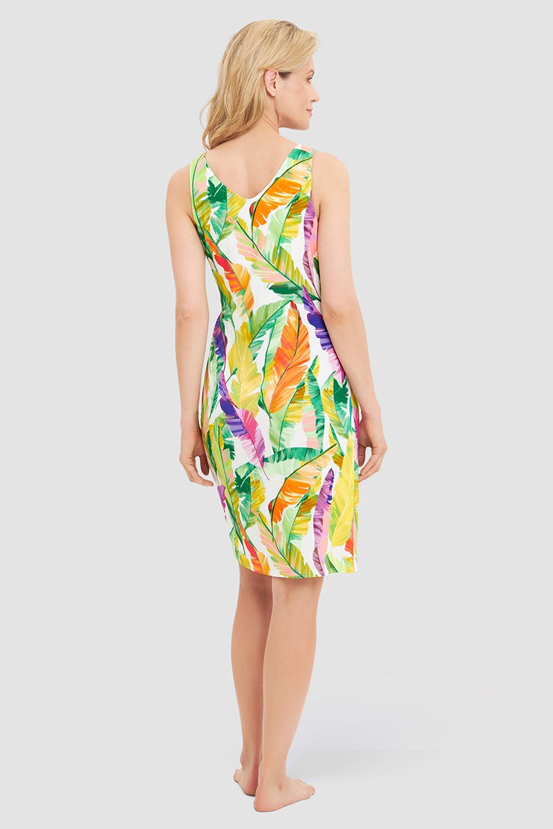 Rückansicht von Strandkleid Ärmellos im tropischen Blätter-Druck Viskose/Elasthan