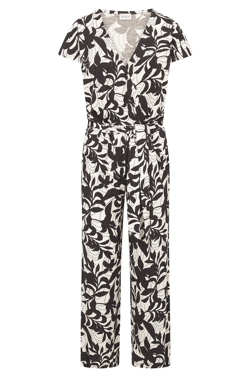 Hollowbild von Jumpsuit im Blätter-Druck Schwarz-Weiß Viskose/Elasthan