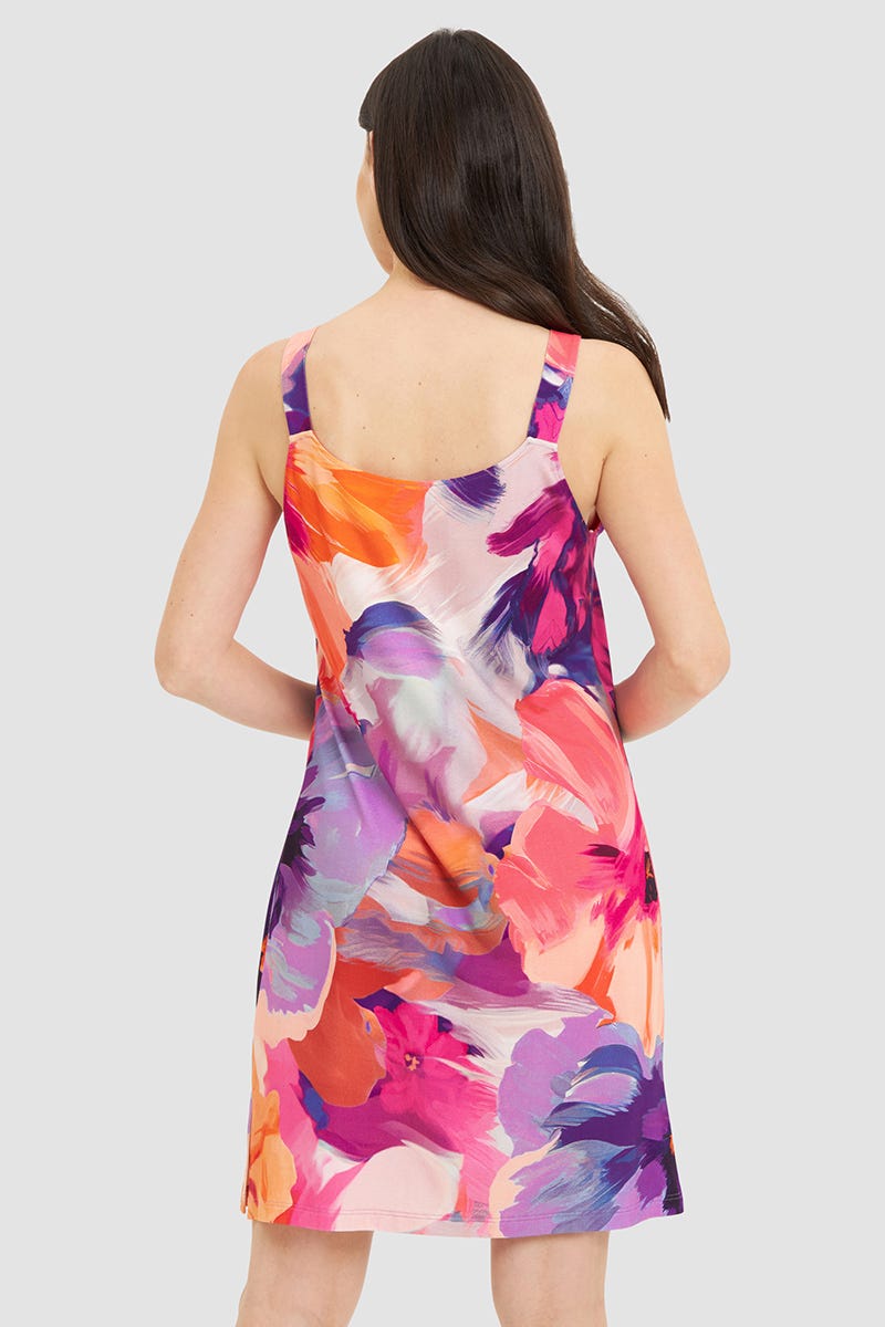 Rückansicht von Strandkleid Ärmellos im Blumendruck Art-Style Viskose/Elasthan