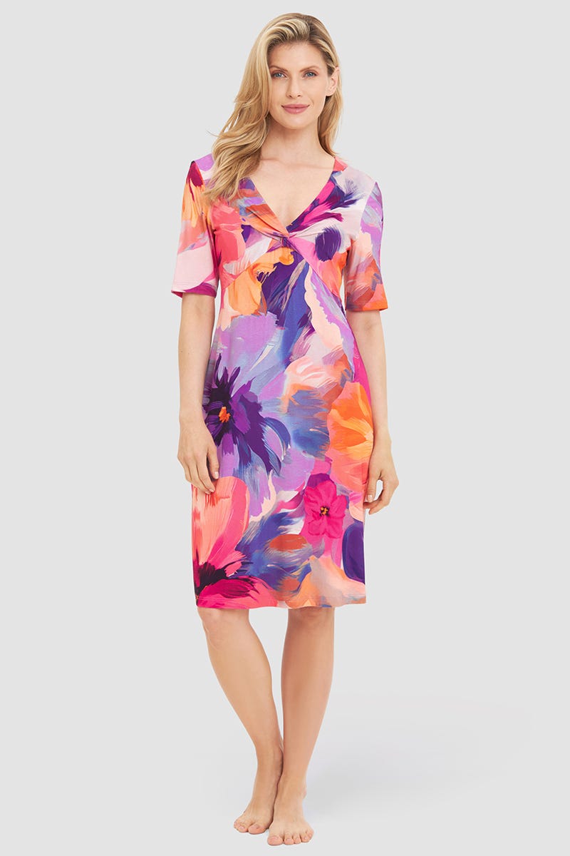 Frontalbild von Strandkleid Kurzarm im Blumendruck Art-Style Viskose/Elasthan