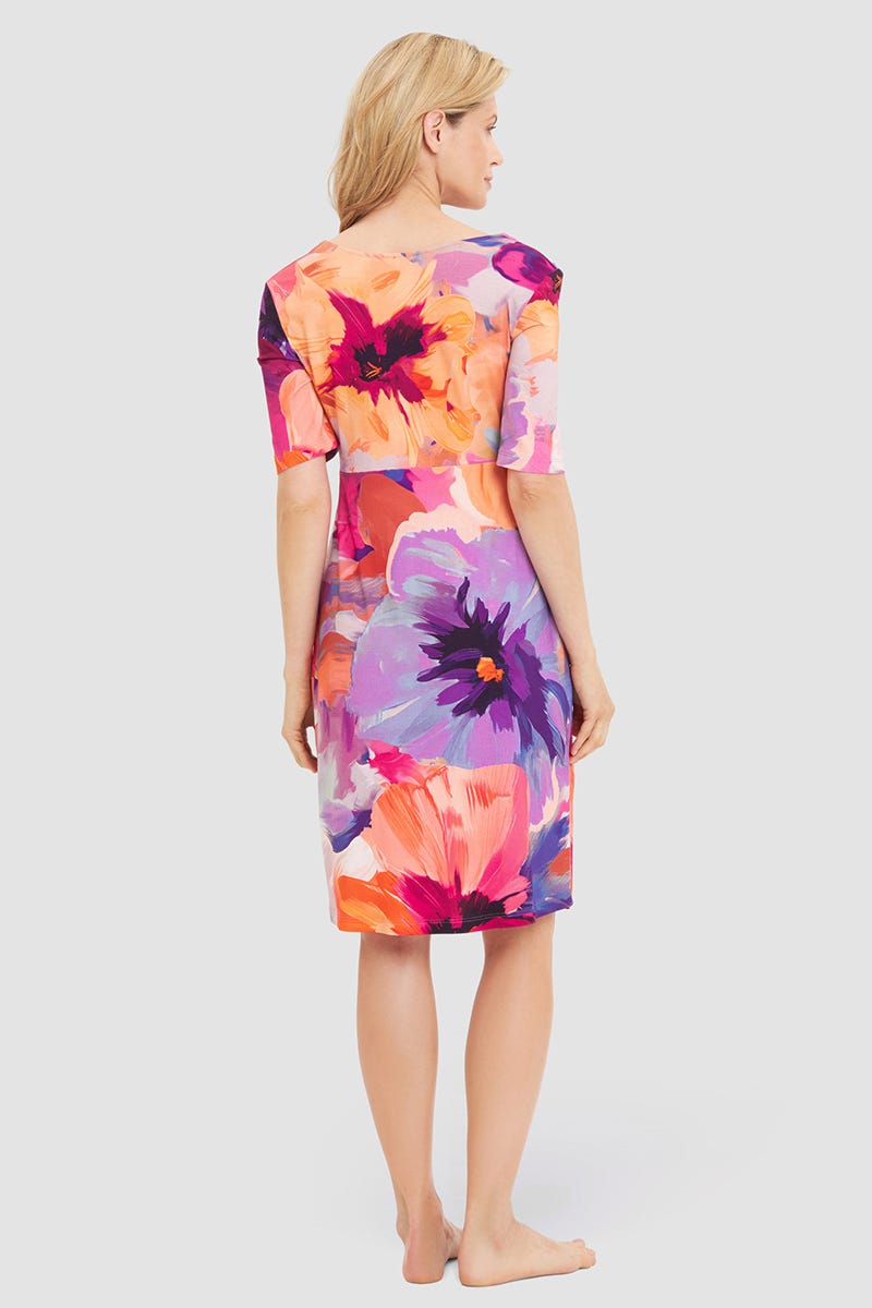 Rückansicht von Strandkleid Kurzarm im Blumendruck Art-Style Viskose/Elasthan