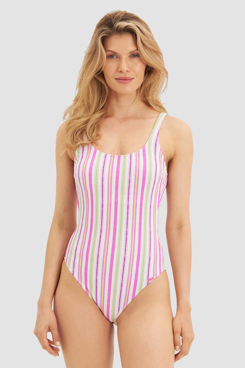 Frontalbild von Badeanzug im sommerlichen Streifendruck