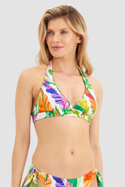 Frontalbild von Bikini Top Neckholder im tropischen Blätter-Druck