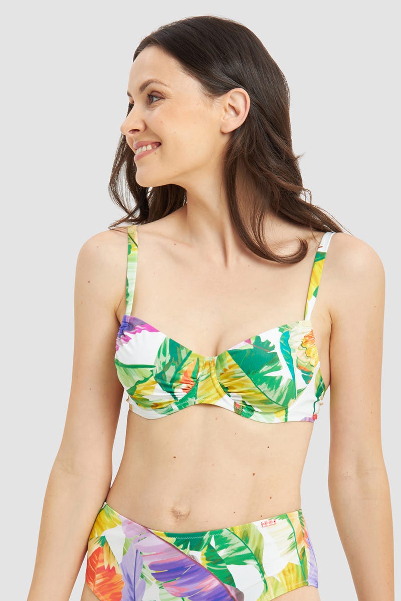 Frontalbild von Bikini Top Bügel im tropischen Blätter-Druck